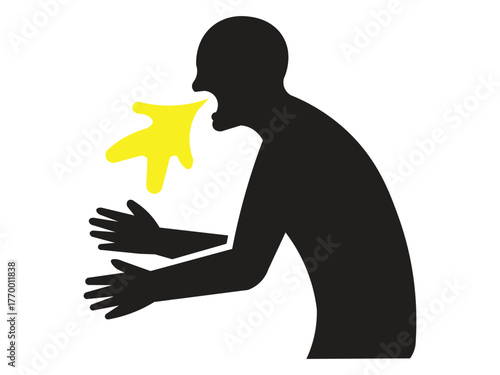 Silhouette of a person vomiting with hands outstretched isolated on white background
