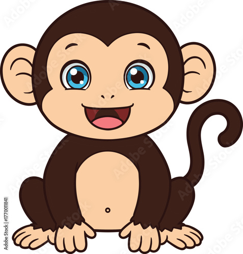 Photography Cartoon monkey sitting with big eyes, cheerful primate character illustration, c