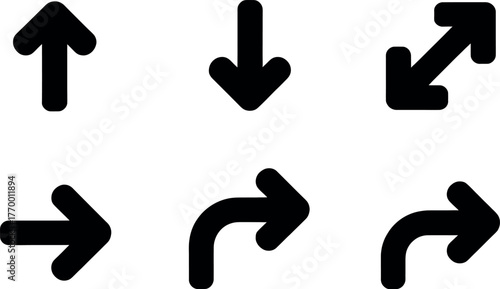 Set of six black arrow icons indicating direction navigation movement and connectivity vector