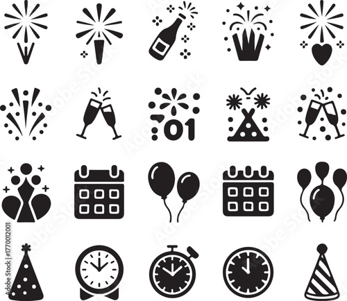 Canvas Print New Year Party Silhouette Vector Bundle | Celebration Icons | Fireworks, Champag
