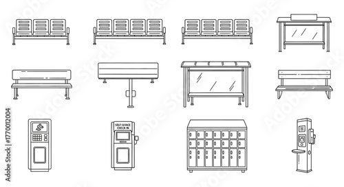 collection of public furniture and self-service kiosks outline icons depicting urban elements such as benches bus stops and automated machines.