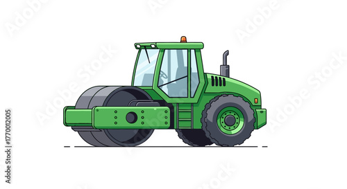 Green road roller compacting surfaces, ideal for construction site scenes or maintenance projects needing heavy equipment visuals.