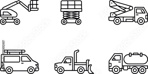Set of six simple outline construction vehicles and equipment line art icons for industry projects vector