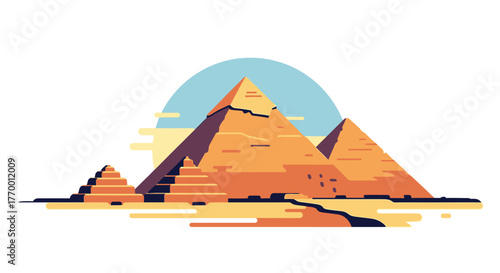 Illustration of the Great Pyramids of Giza, Egypt, with a blue circle in the background.