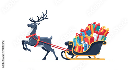 A reindeer pulling a sleigh full of colorful Christmas presents.