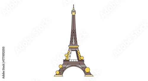 Illustration of the Eiffel Tower with decorative circles on a white background.