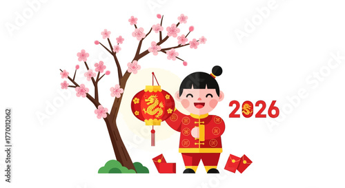 A cute cartoon girl celebrates Chinese New Year 2026, the Year of the Horse, with a lantern and cherry blossoms.