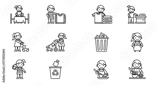 cute children line art icons doing various household chores illustrating daily tasks responsibility and helpfulness in domestic settings.