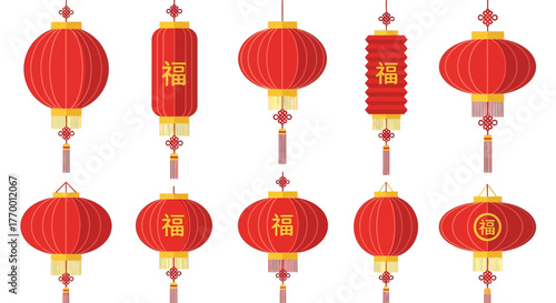 A collection of ten traditional red Chinese lanterns with various shapes and designs, some featuring the character for good fortune.