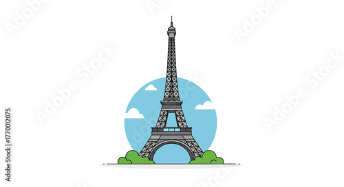 Illustration of the Eiffel Tower in Paris with a blue circle and green bushes on a white background.