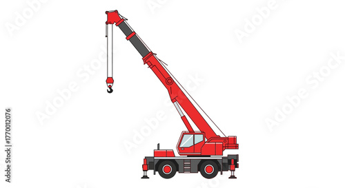 Red mobile crane truck with a telescopic boom and hook, side view vector illustration isolated on a white background.