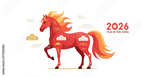 A vibrant illustration of a red horse with a fiery mane and tail, symbolizing the Year of the Fire Horse in 2026, adorned with traditional Chinese cloud motifs.