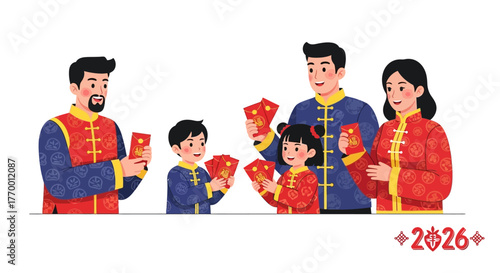 Families celebrating Chinese New Year, exchanging red envelopes, dressed in traditional attire, with children participating in the festive tradition.