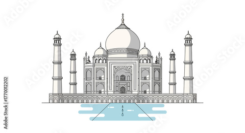Detailed line drawing of the Taj Mahal, a white marble mausoleum in Agra, India, with a reflecting pool in front.
