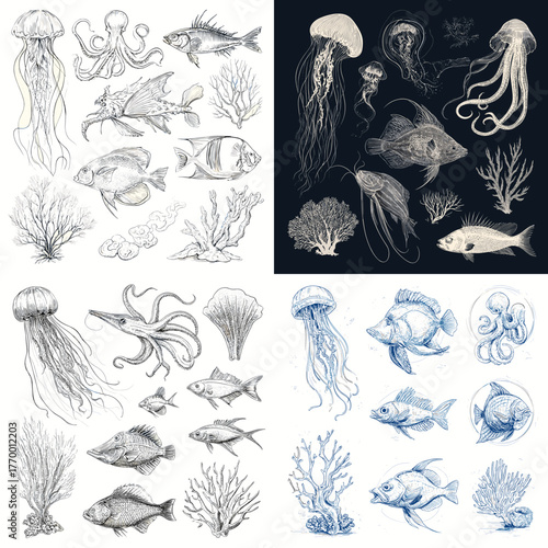 Elegant marine life line illustration featuring jellyfish, squid, fish, and coral. Underwater sea creatures drawn in vintage engraving style with detailed oceanic textures.
