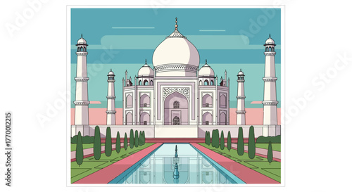 Illustration of the Taj Mahal, a white marble mausoleum in Agra, India, with a reflecting pool in the foreground.