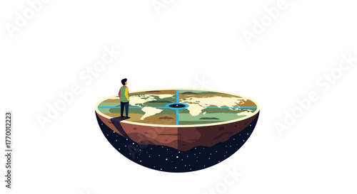 A person stands on the edge of a flat Earth model, looking into a dark abyss.
