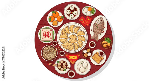 An illustration of a vibrant Chinese New Year reunion dinner spread, featuring traditional dishes like dumplings, fish, oranges, and red envelopes on a festive red table.