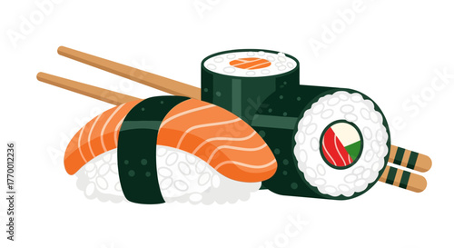 Close-up of sushi rolls and nigiri with salmon, served with chopsticks.