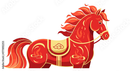 A stylized, vibrant red horse with a flowing mane and tail, adorned with golden accents and flame motifs, symbolizing power and prosperity.