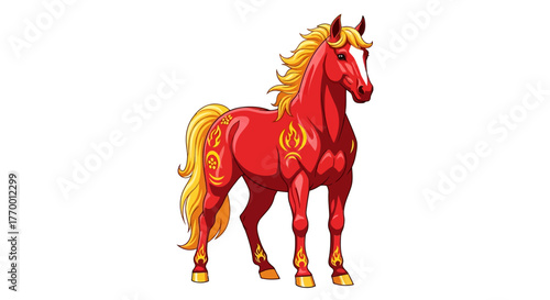 Red horse with yellow mane and decorations, perfect for equestrian, fantasy, and childrens designs. Suitable for book covers and posters.