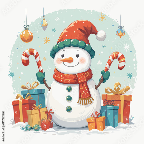 Cheerful snowman holding candy canes with gifts