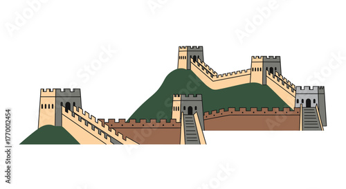 Section of the great wall of china, illustration. Suitable for travel guides, history books, educational material, and cultural websites.