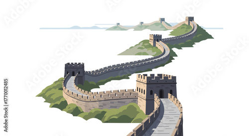 Captures a section of the iconic great wall of china, perfect for travel brochures, history websites, and educational materials.