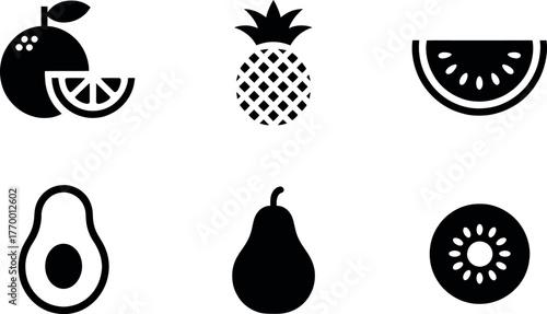 Set of six black and white fruit icons representing orange pineapple watermelon avocado pear and kiwi vector