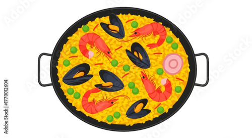 Pan of paella with a mix of rice, shrimp, and mussels, ideal for food blogs, restaurant menus, and culinary social media posts.