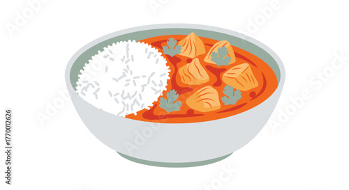 Bowl of orange curry and white rice dish, perfect for food blogs, restaurant menus, recipe books, and social media content.