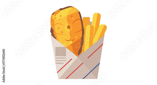 Ideal for advertising menus, food blogs, or seafood publications. Classic british dish with crispy fries and battered fish in a portable container.