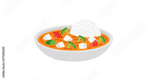 Bowl of orange curry with rice, vegetables on table. Suitable for food blogs, restaurant menus, recipe websites, asian cuisine.