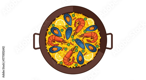 Pan of paella with seafood  lemon slices. Ideal for food blogs, spanish cuisine articles, restaurant menus, culinary designs.