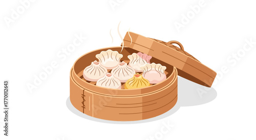 Steaming hot dumplings in a bamboo steamer basket. Perfect for food blogs, restaurant menus, asian cuisine promotions, and recipe books.