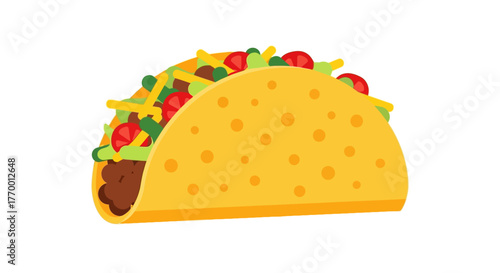 Delicious taco filled with meat, lettuce, cheese, and tomatoes ideal for food blogs, menus, and mexican cuisine promotions.