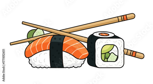 Salmon nigiri, sushi roll, and chopsticks perfect for food menus, japanese cuisine blogs, cooking guides, or restaurant marketing materials.