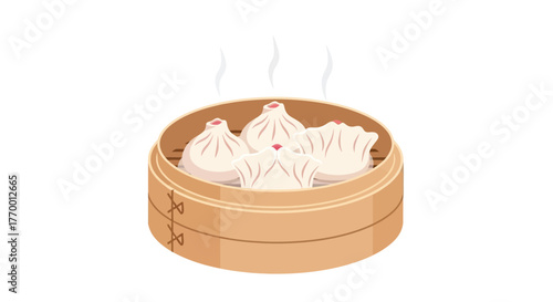 Steamed dumplings with soup in a rustic wooden basket, perfect for food blogs, restaurant menus, and asian cuisine concepts.