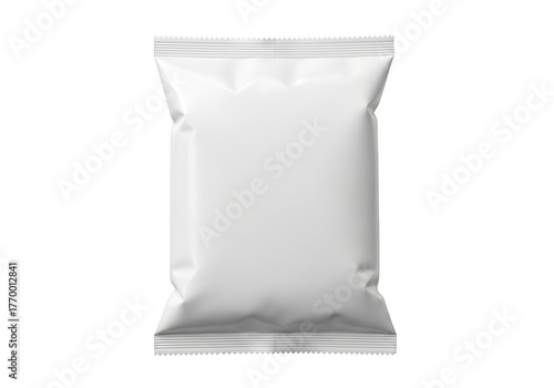 Stock blank white foil plastic packaging bag for chips, snacks, candy, and food mockup template ready for your design isolated on transparent background