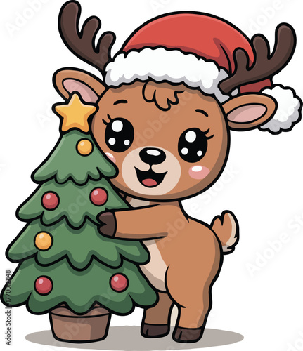 Kawaii style baby reindeer dressed in a Santa hat hugging a small Christmas tree, colorful and joyful Christmas artwork with warm holiday vibes
