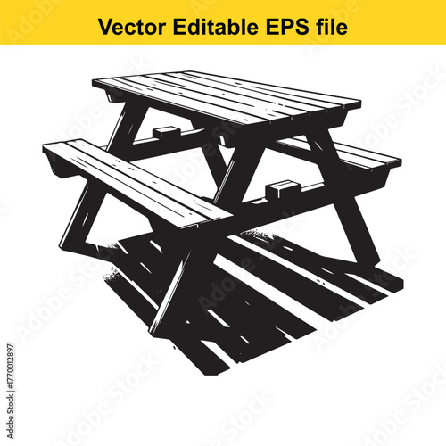 Wooden picnic table and bench set, black and white illustration