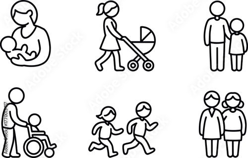 Set of six minimalist line drawing icons representing family life parenthood and caregiving concepts vector
