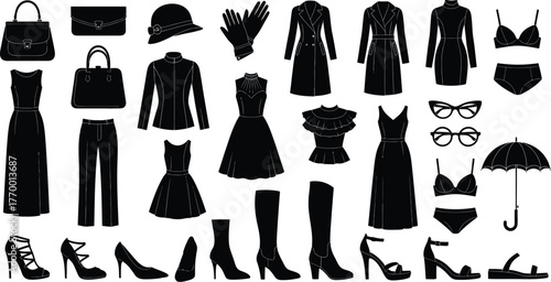 Black fashion clothing accessories vector illustration set design