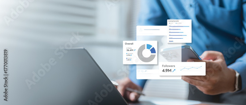 Bild auf Leinwand ads, budget, set, daily, caps, A businessman using smartphone and laptop analyzing social media advertising performance dashboard, showing audience growth, ad spend, and campaign analytics data