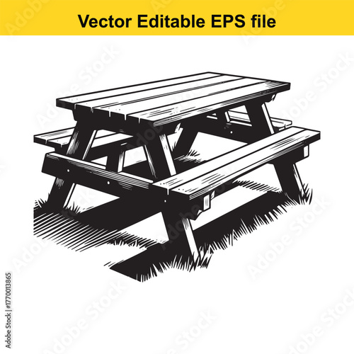 Black and white sketch of a wooden picnic table with attached benches, perfect for outdoor dining and gatherings