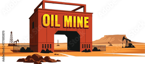 Oil mine cartoon illustration of an oil field with desert landscape
