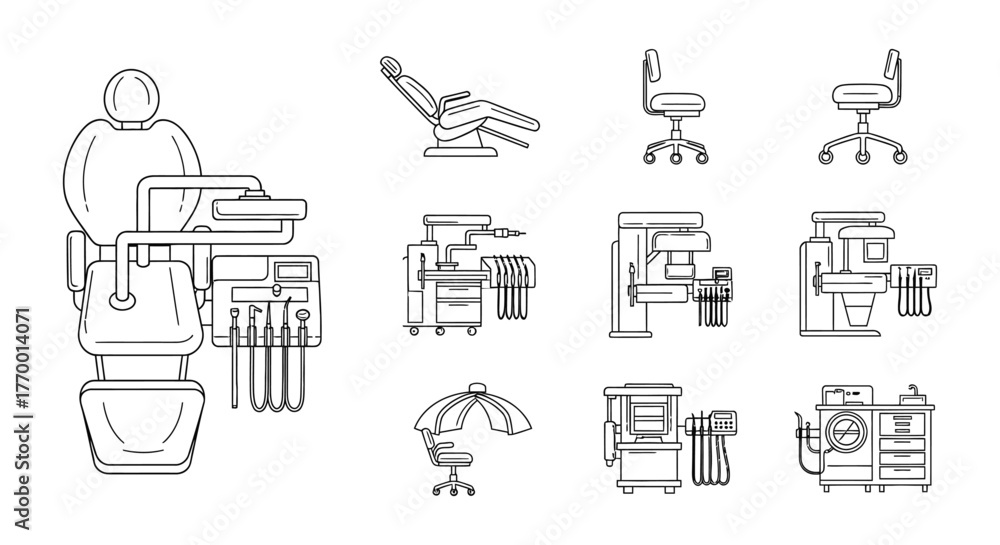 Fototapeta premium dental equipment outline icons set depicting various patient chairs operator stools and clinical tools for modern dentistry.