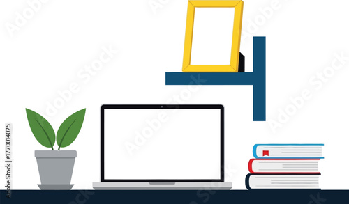 Laptop mockup with plant books and frame for website presentation