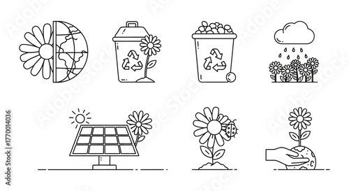 green energy and environmental protection line icons illustrating recycling sustainable living and nature preservation concepts.