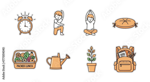 daily routine and healthy habits icon set alarm exercise yoga lunch plant backpack. concepts for wellness and balanced life